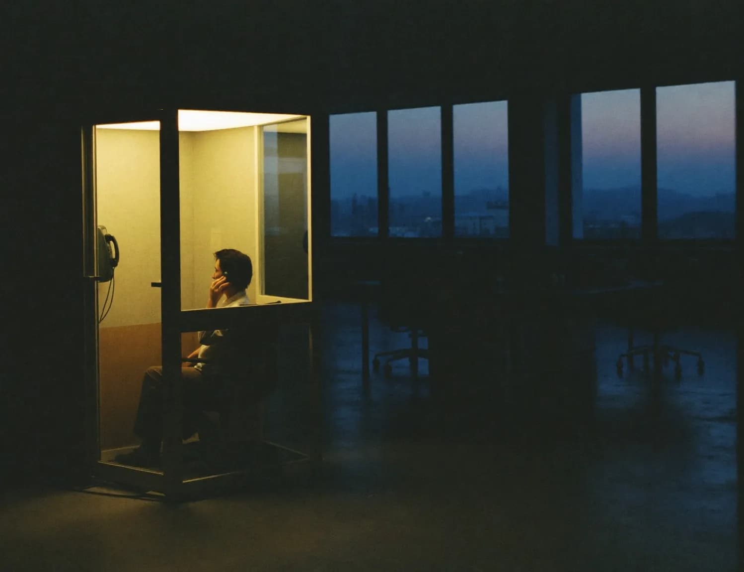 A person on the phone in a lit glass booth inside a dark office at dusk