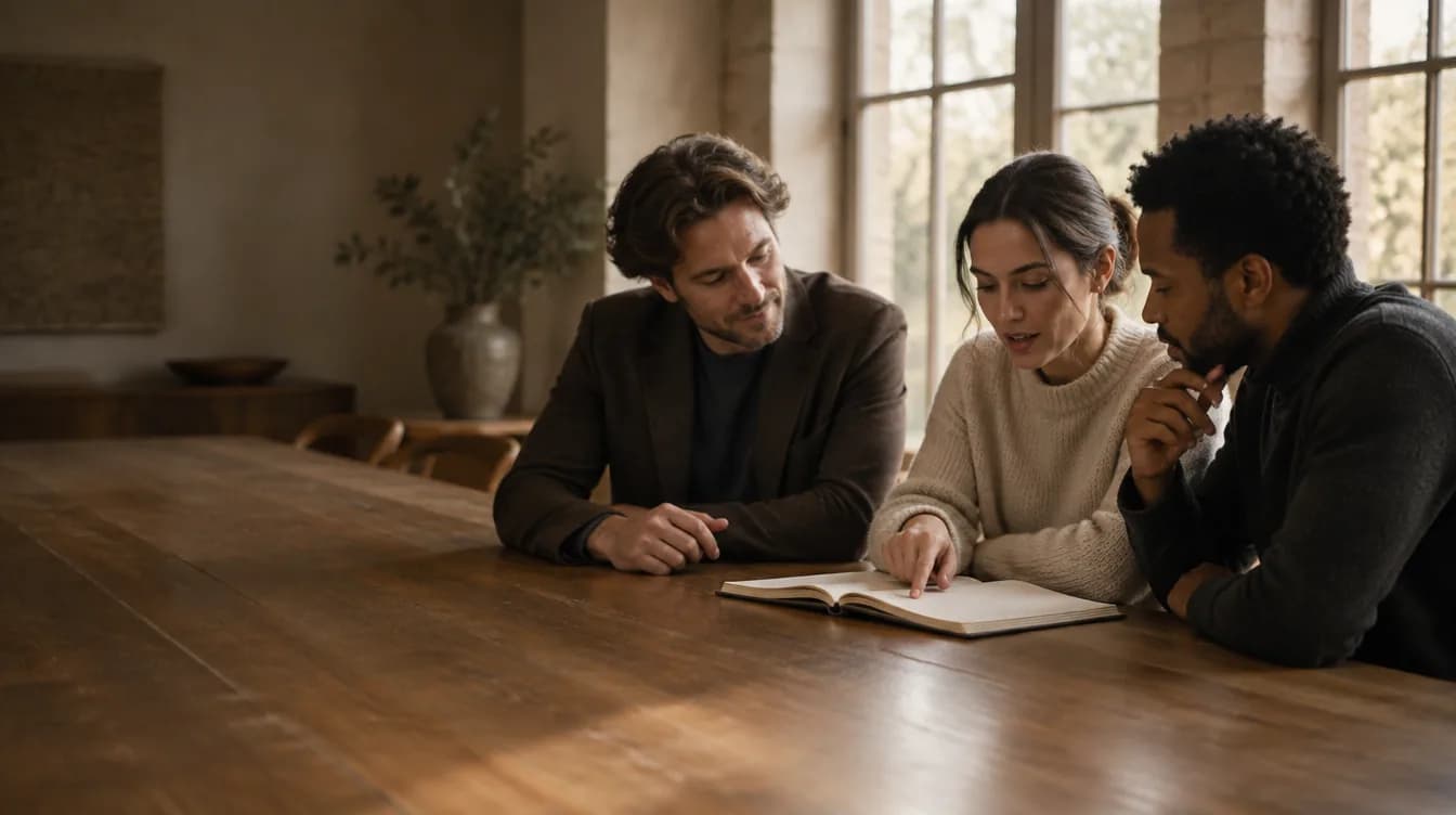Three people reading one page together.