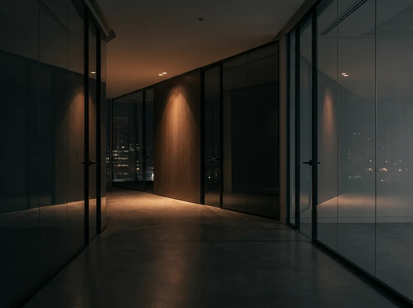 A glass-walled office corridor at night