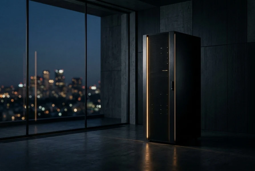 A dark, minimal enterprise server rack at dusk
