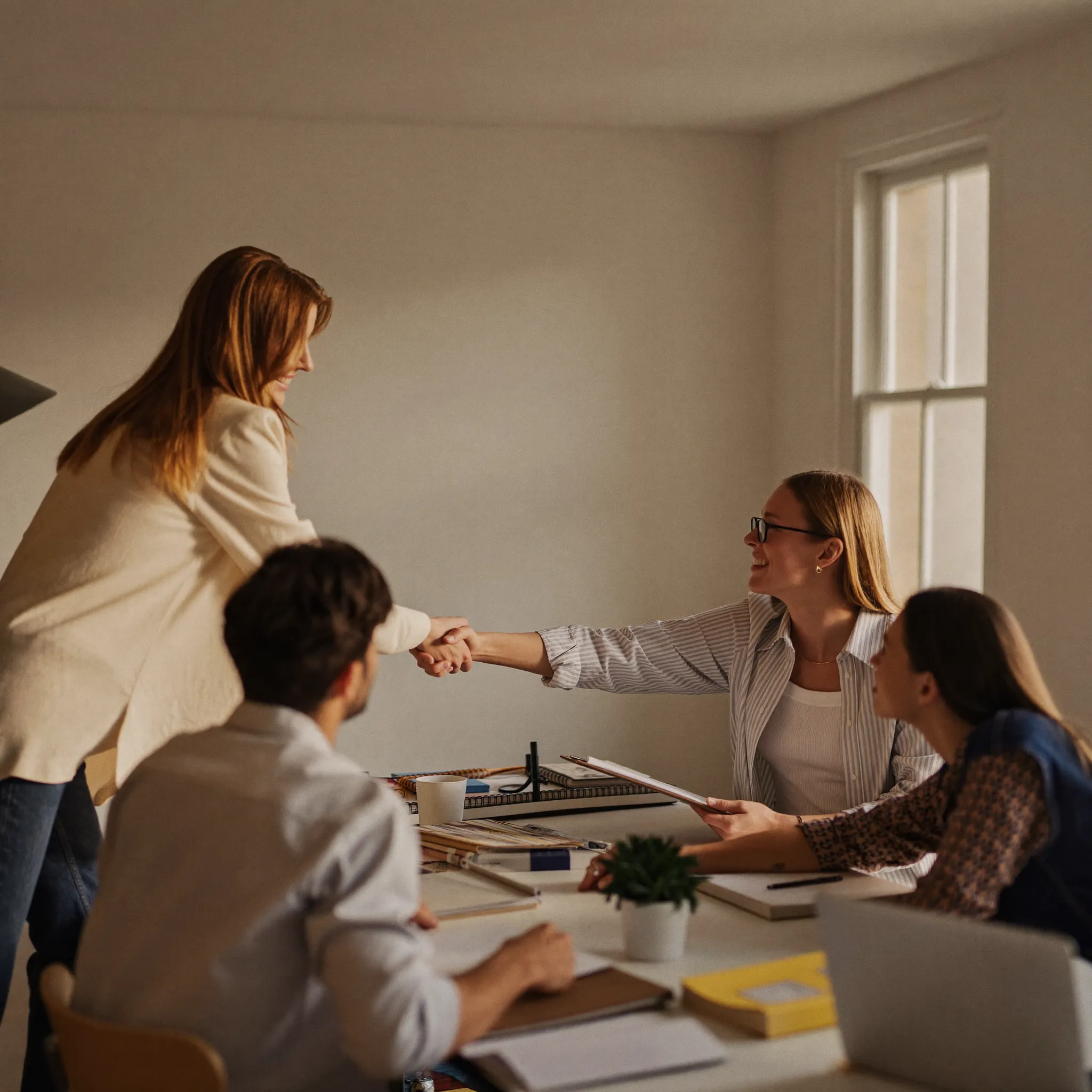 An agency team shaking hands with a new client across a sunlit table at kickoff