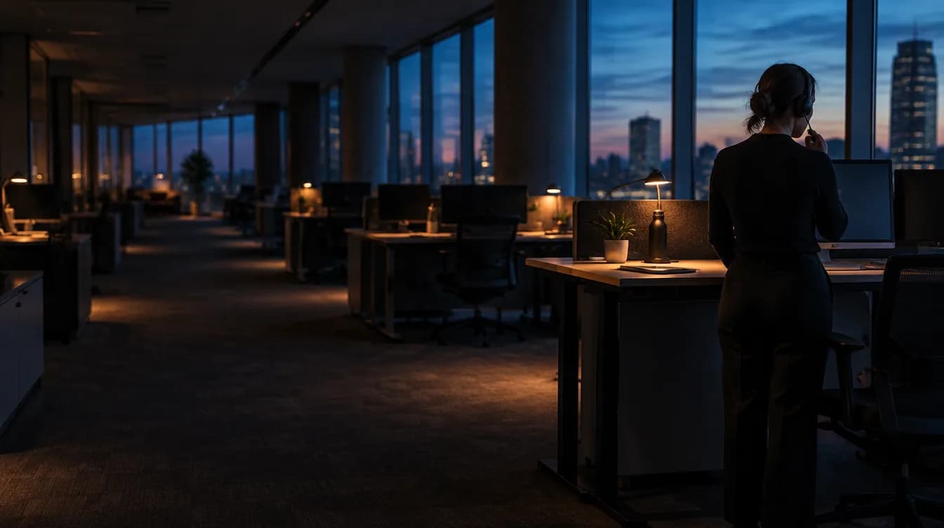 A sales floor at dusk, seen from across the room.