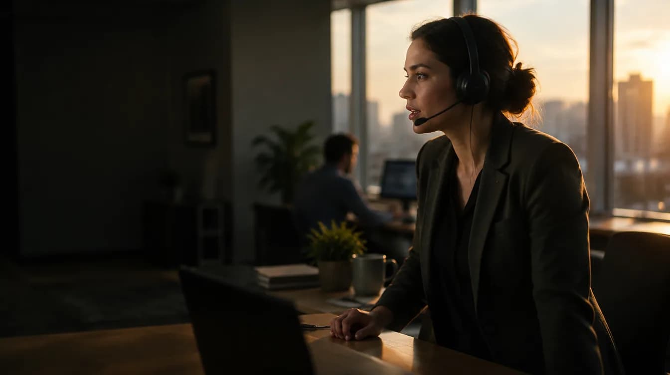 An account executive on a headset call at a desk beside a window.