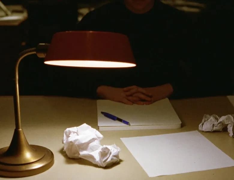 Hands resting on a desk under a lamp, beside crumpled paper and a pen
