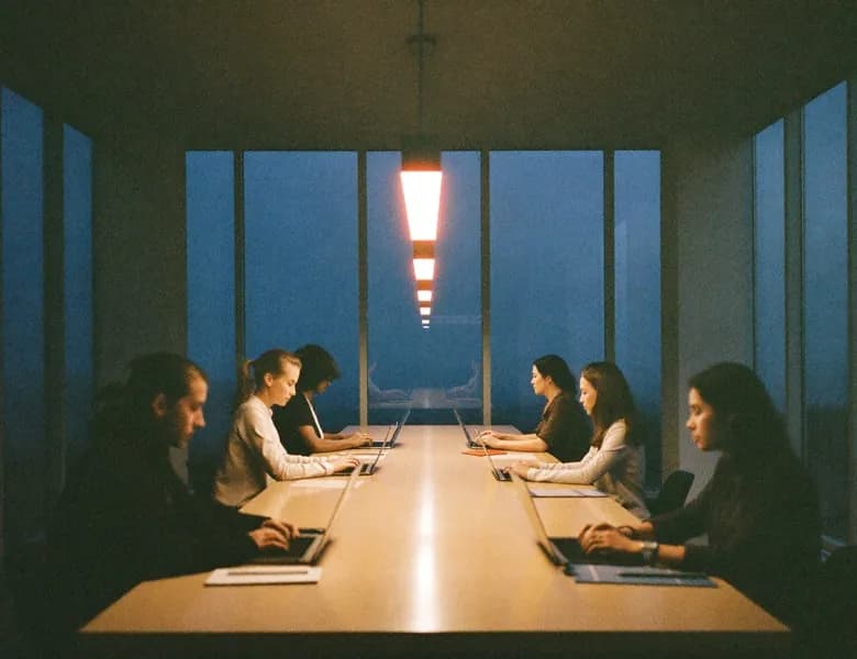 A team working at a long table in a dim room facing tall windows