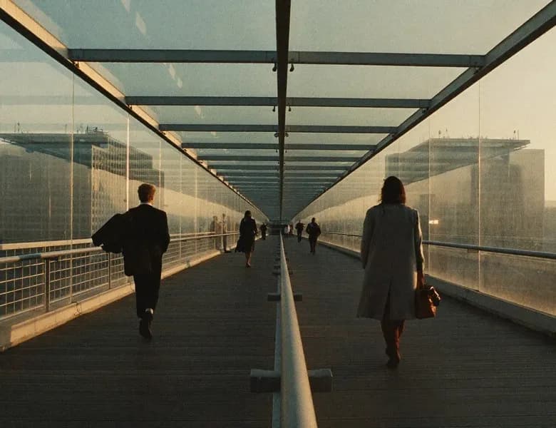 People walking along a covered glass walkway at sunset