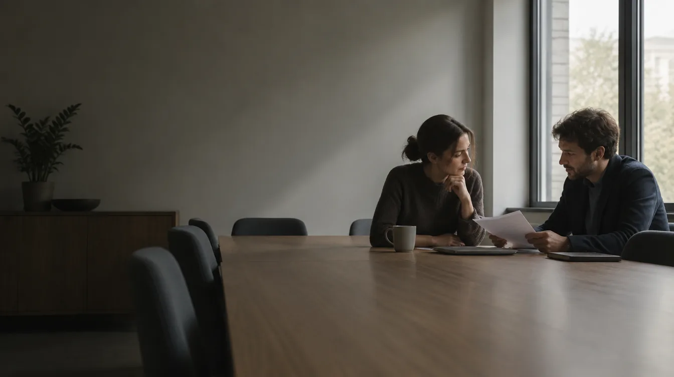 Two people at a desk weighing one option against another.