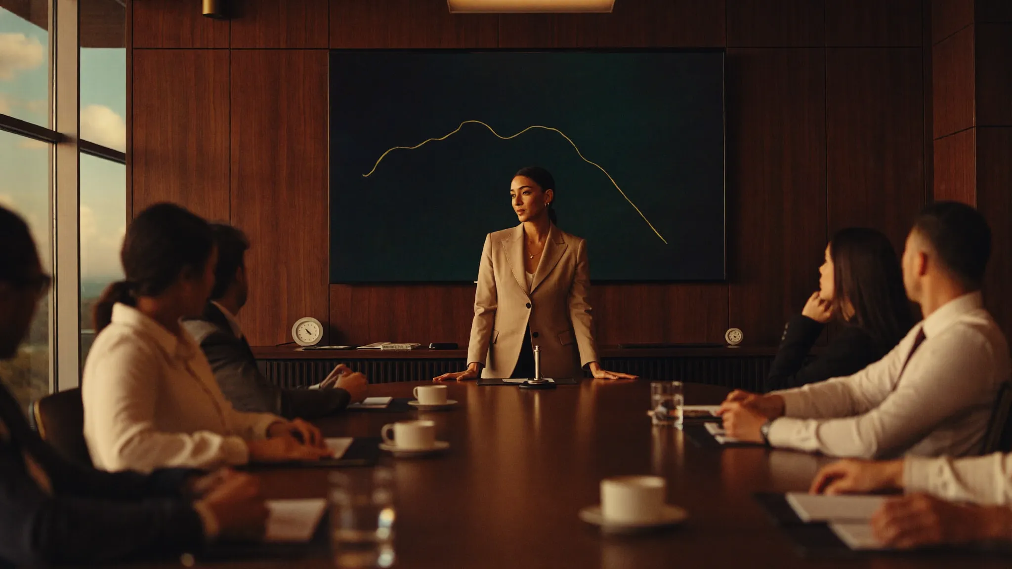 A revenue leader presenting a forecast to colleagues around a boardroom table at dusk