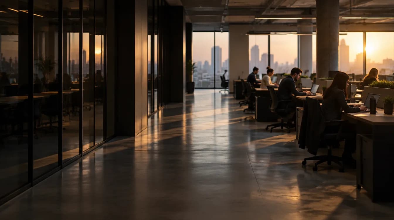 A revenue floor running, seen across the room.