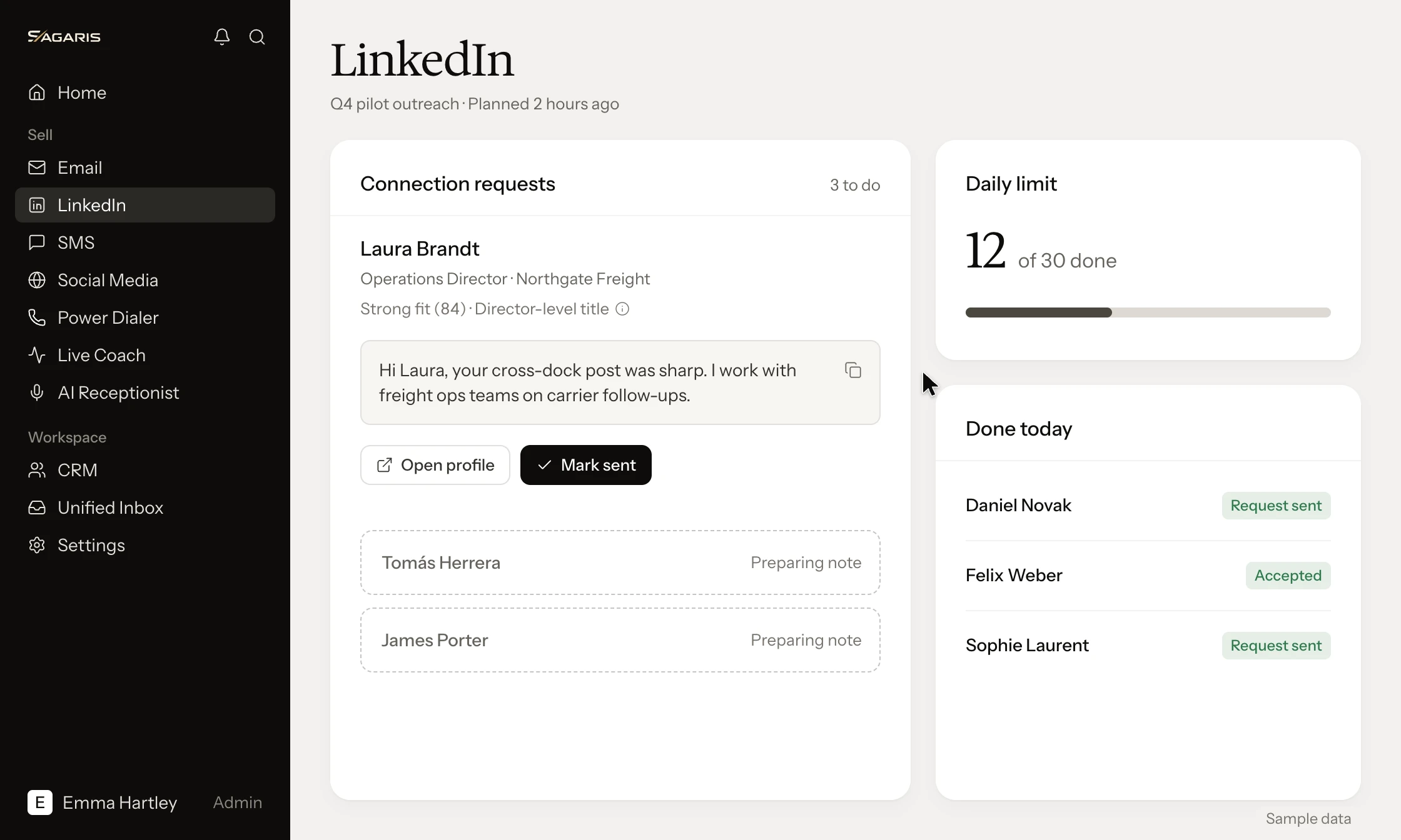 SAGARIS LinkedIn: today's connection requests with a drafted note for Laura Brandt, a daily limit of 12 of 30 done and the Done today list (sample data).