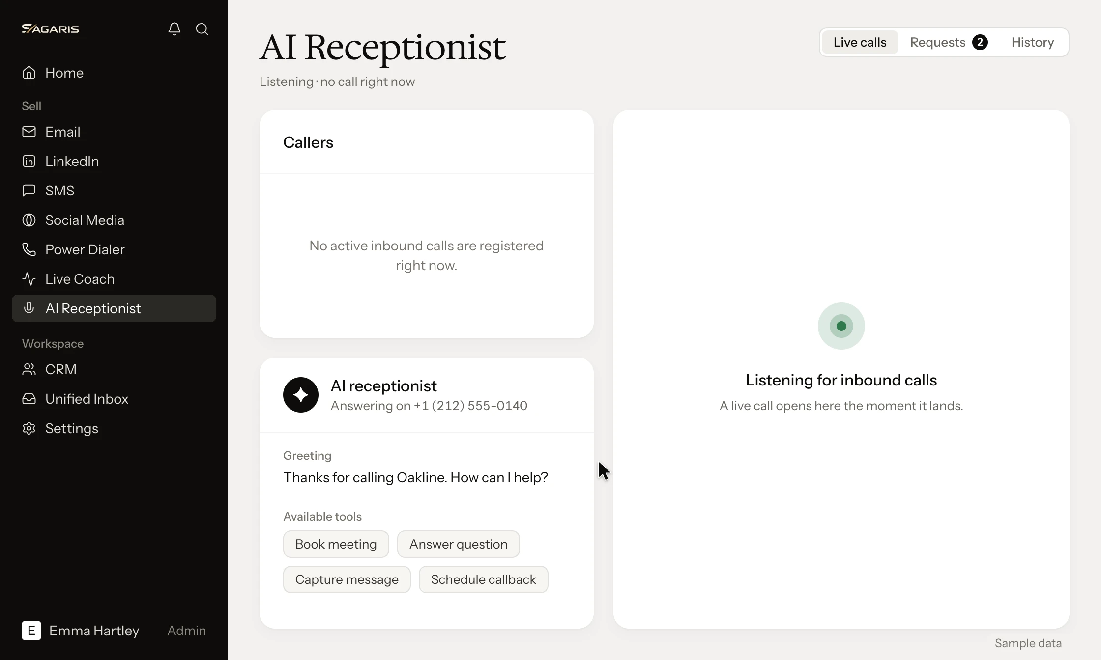 SAGARIS AI Receptionist listening for inbound calls, with an empty Callers list and the AI receptionist's line, greeting and available tools (sample data).