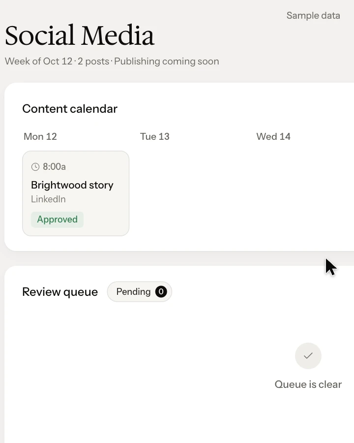 SAGARIS Social Media: a content calendar for the week of Oct 12 with two approved posts and an empty review queue; publishing is coming soon (sample data).