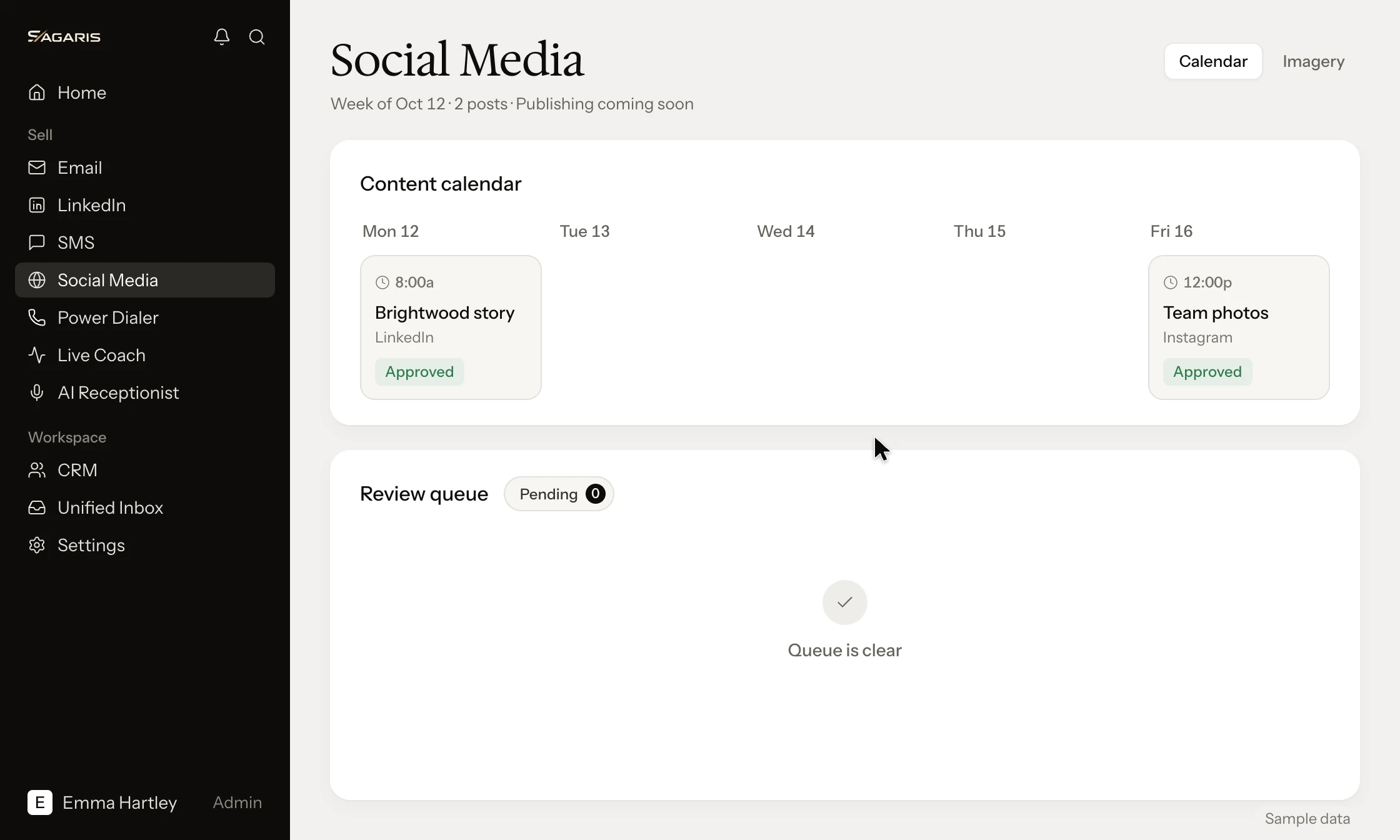 SAGARIS Social Media: a content calendar for the week of Oct 12 with two approved posts and an empty review queue; publishing is coming soon (sample data).